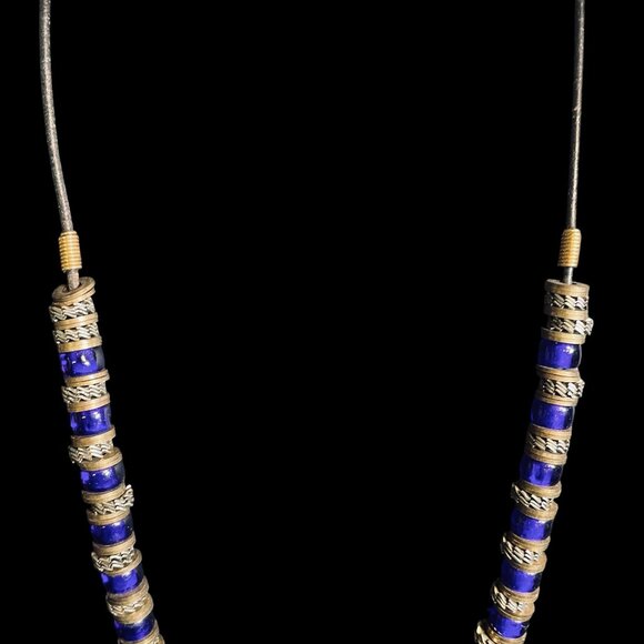 Artisan Blue Beaded Necklace Brass Accents Leather Cord Boho Tribal Vintage Look - Picture 6 of 9